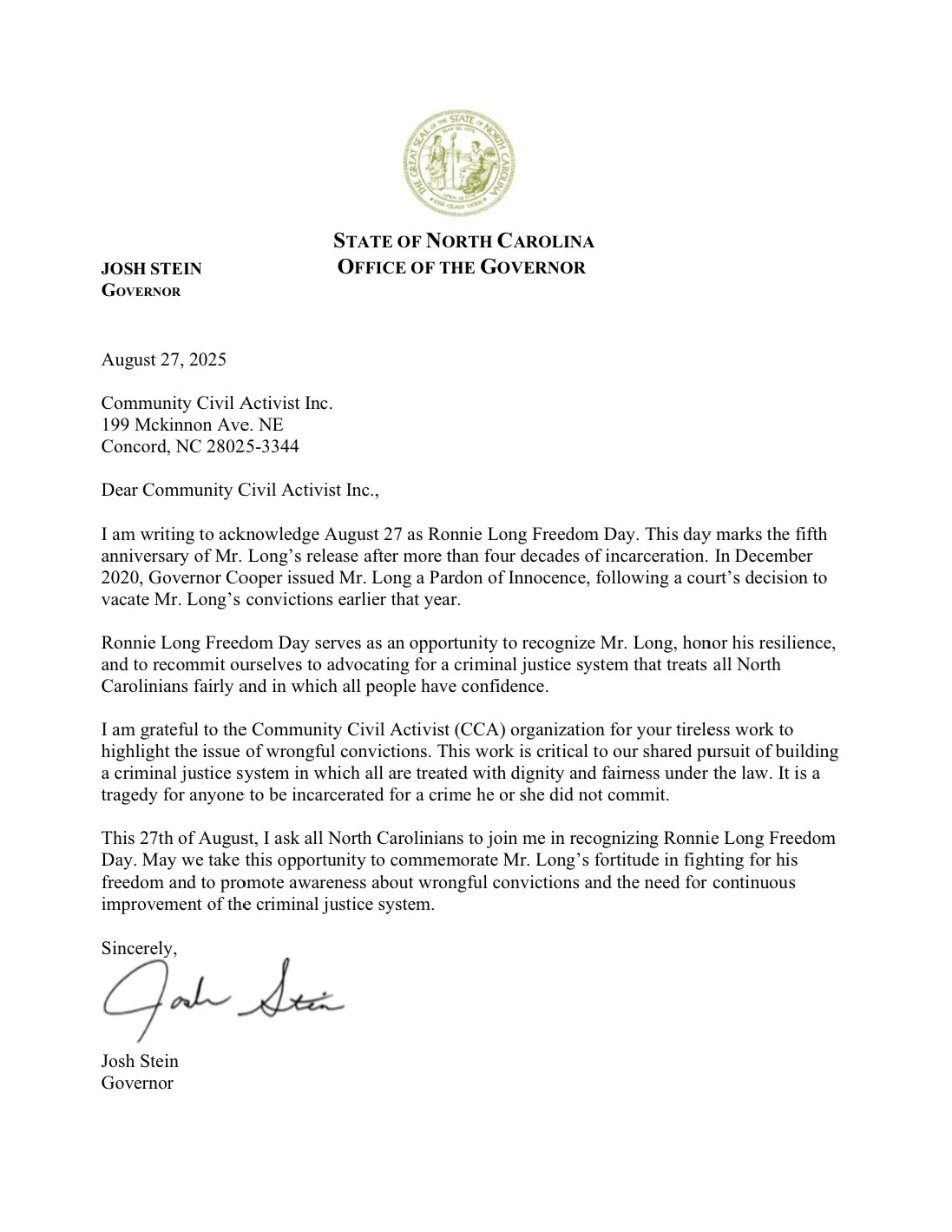 Josh Stein declares August 27 Ronnie Long Freedom Day